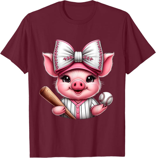 Cute Pig Baseball Coquette Bow Pig Baseball Player T-Shirt - T-Shirt | Maroon