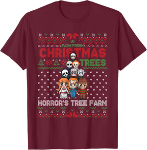 Christmas Trees Horror's Tree Farm, Scary Characters Xmas T-Shirt - T-Shirt | Maroon