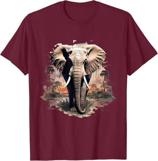 Elephant Nature Wildlife Safari Animal Art Savannah Artwork , black, S T-Shirt - T-Shirt | Maroon