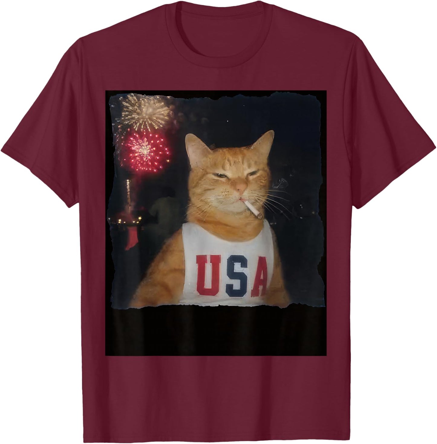 Funny Patriotic Orange Cat Fireworks 4th of July USA Flag T-Shirt - T-Shirt | Maroon