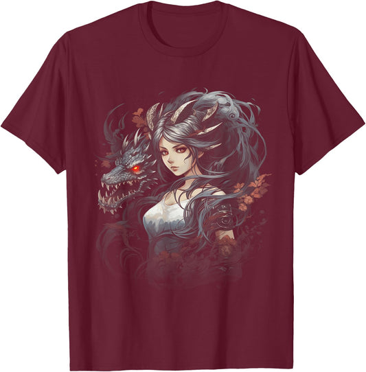 Beautiful women Manga Fantasy Dragons T-Shirt - T-Shirt | Maroon