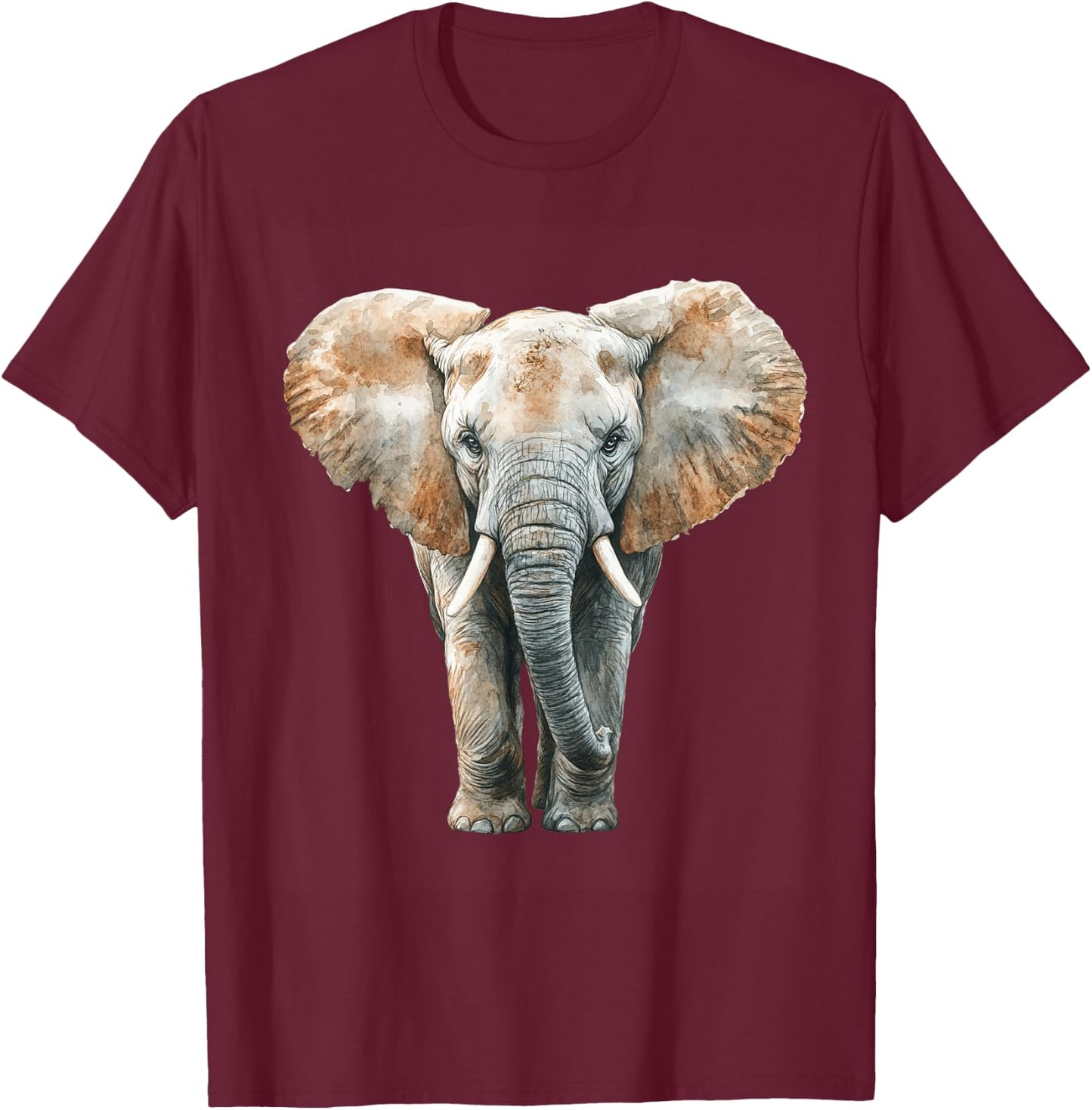 Realistic Watercolor Elephant Wildlife Art T-Shirt - T-Shirt | Maroon