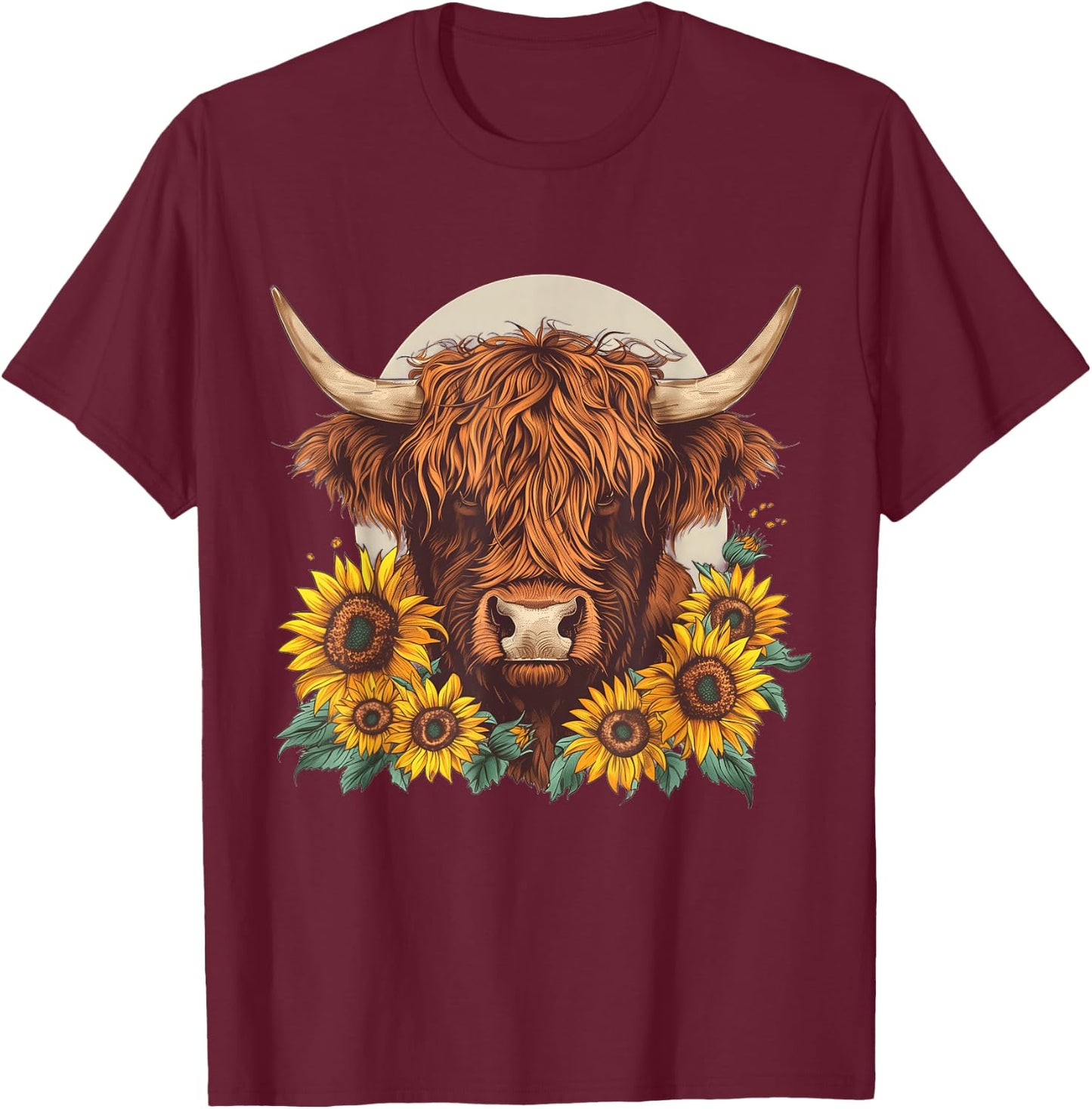 Highland Cow Sunflower Floral Farmer Farm Animal Vintage T-Shirt - T-Shirt | Maroon