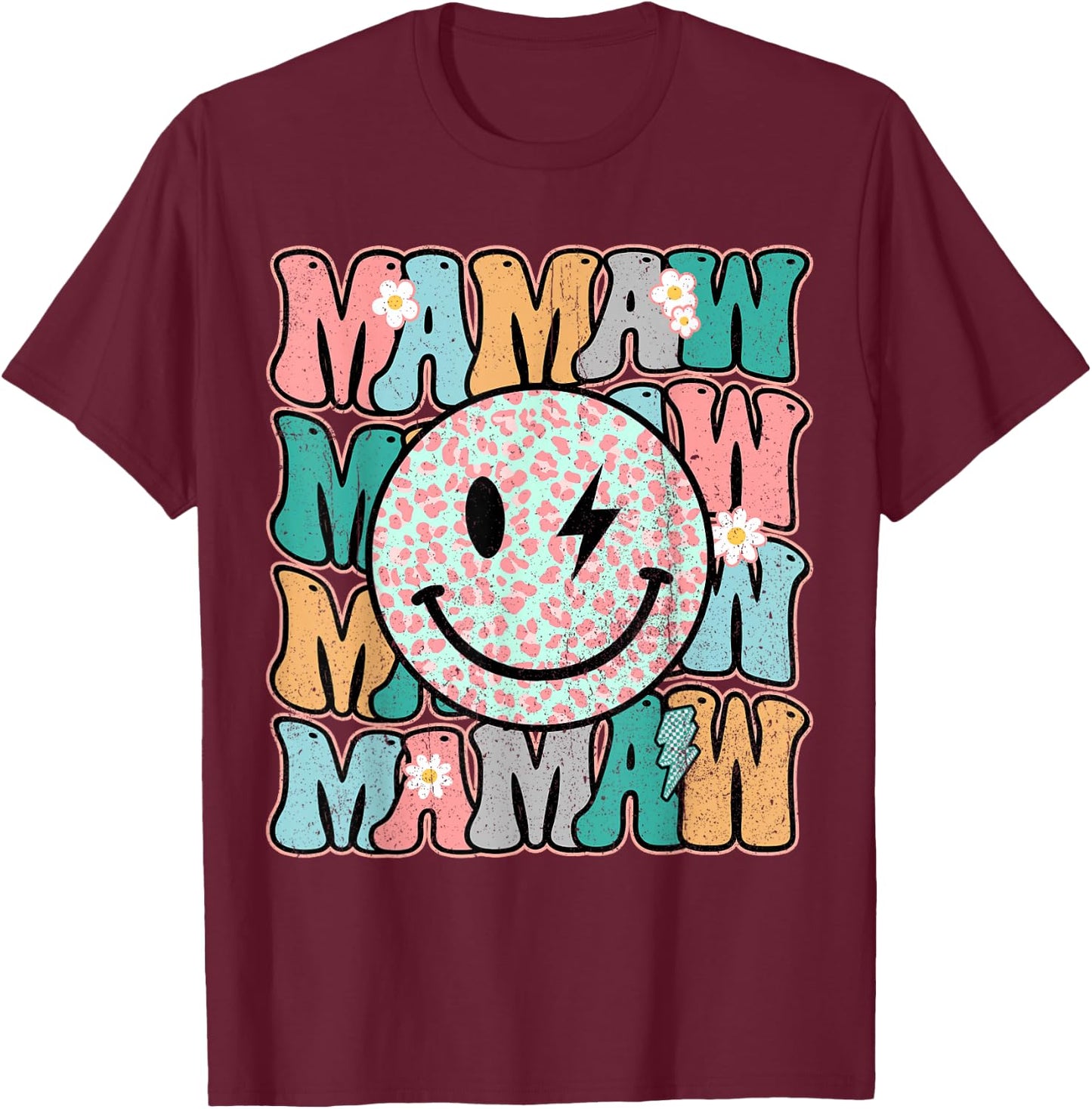 Groovy Mamaw Leopard Smile Face Grandma Life Mother's Day T-Shirt - T-Shirt | Maroon