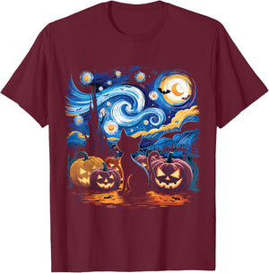 Halloween Van Gogh Starry Night Black Cat Pumpkin Shirt Men Women Kids T-Shirt - T-Shirt | Maroon