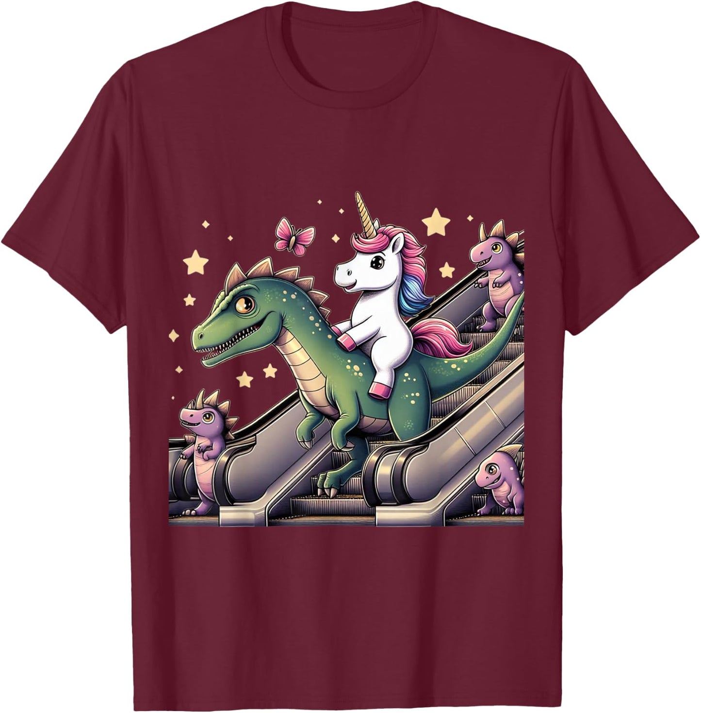 Unicorn Dinosaur Escalator Girls Boys Men Women Kids Rainbow T-Shirt - T-Shirt | Maroon