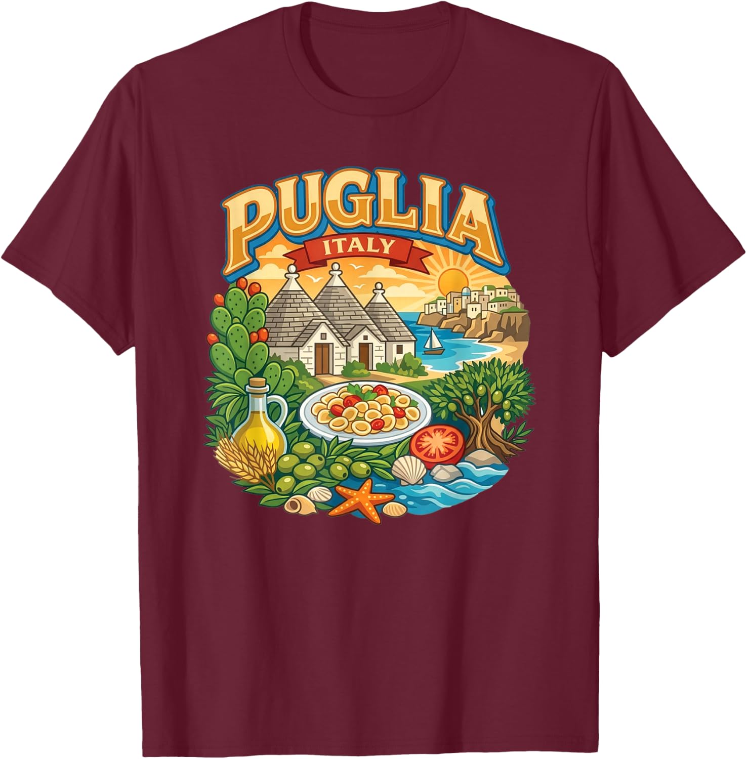 Puglia Italy Italian Beach Coastal Travel Vacation Souvenir T-Shirt - T-Shirt | Maroon