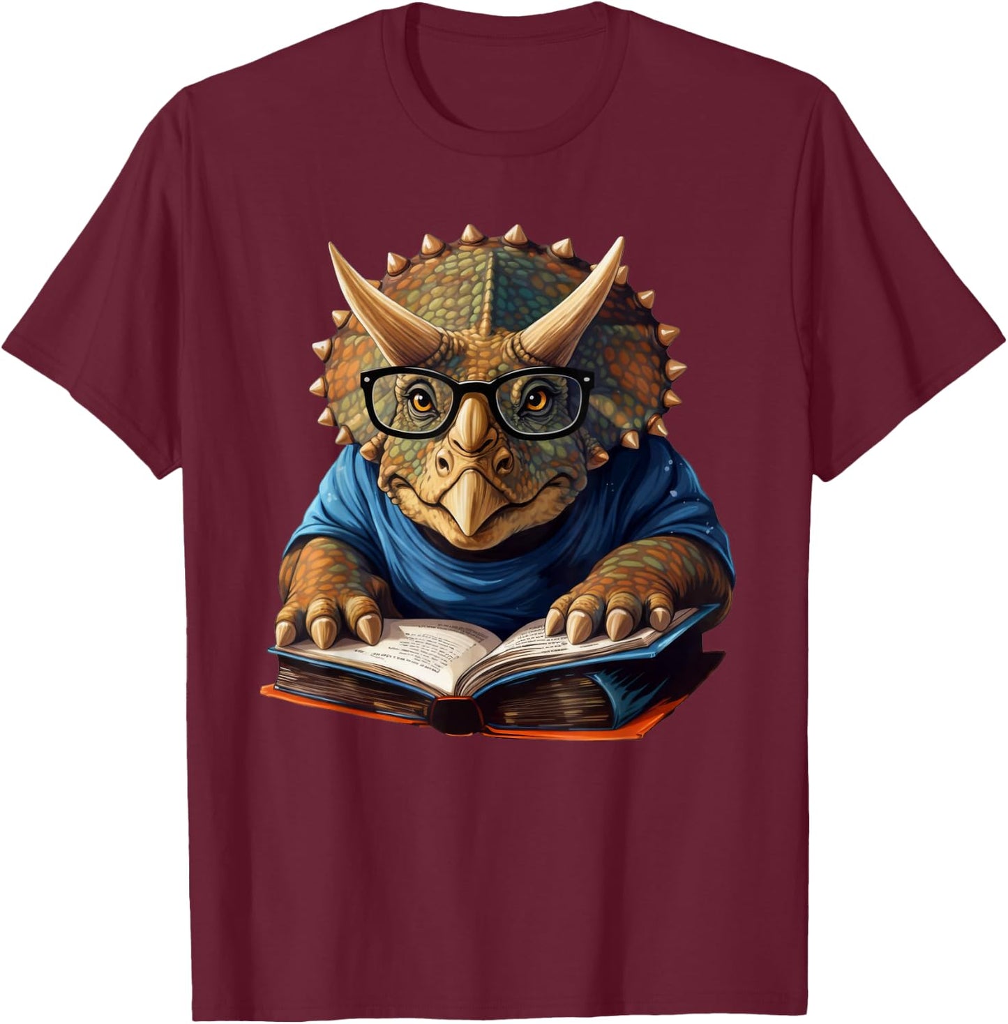 Triceratops Dinosaur Reading Book Nerd T-Shirt - T-Shirt | Maroon