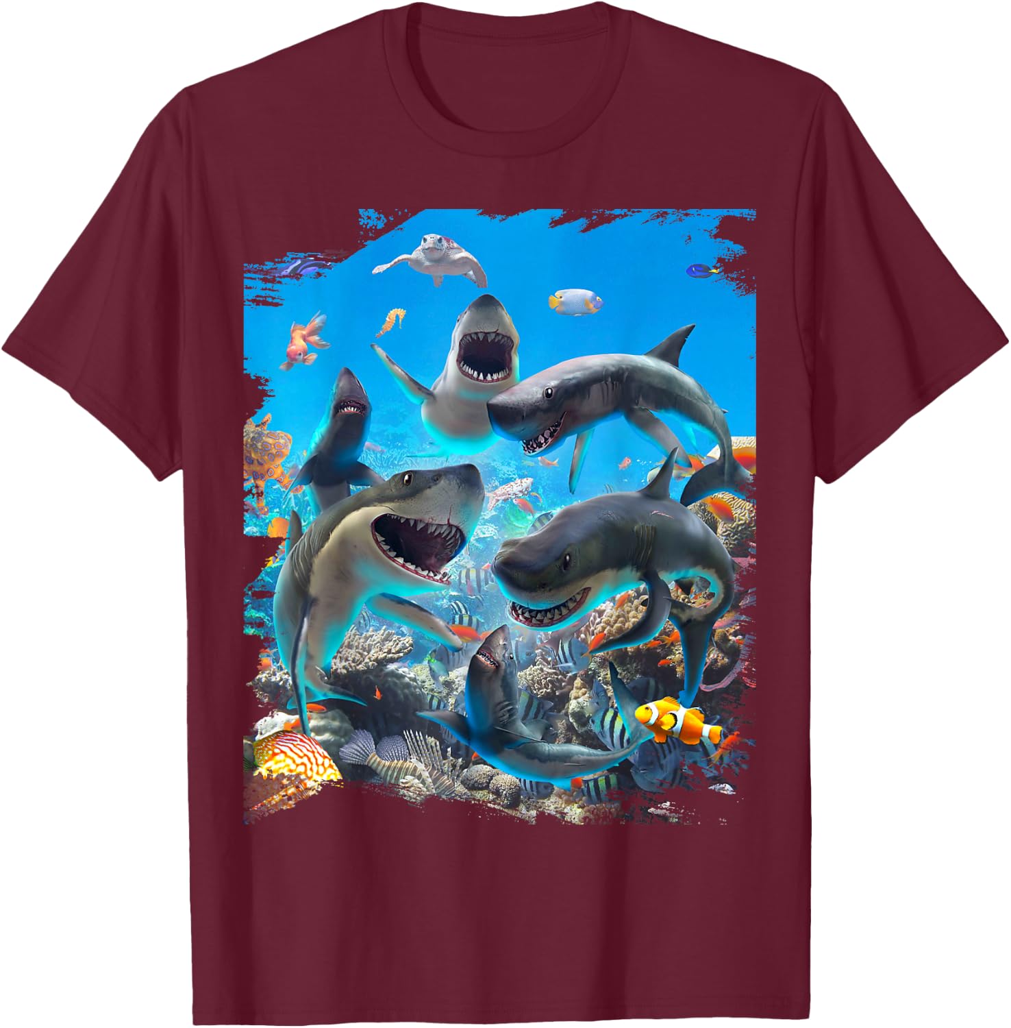 Shark Selfie Sharks Smiling Ocean Beach Funny Cute T-Shirt - T-Shirt | Maroon