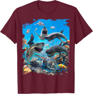 Shark Selfie Sharks Smiling Ocean Beach Funny Cute T-Shirt - T-Shirt | Maroon
