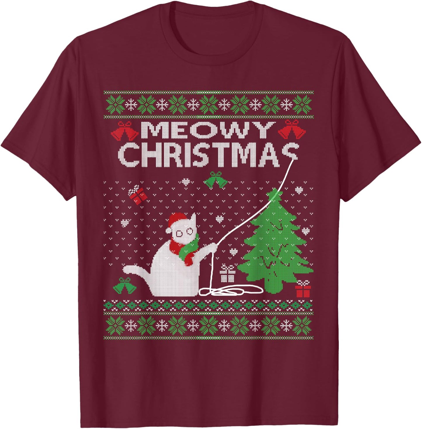 Funny Meowy Christmas Cats Xmas Cute Cat Lover Ugly Sweater Men Women Kids T-Shirt - T-Shirt | Maroon