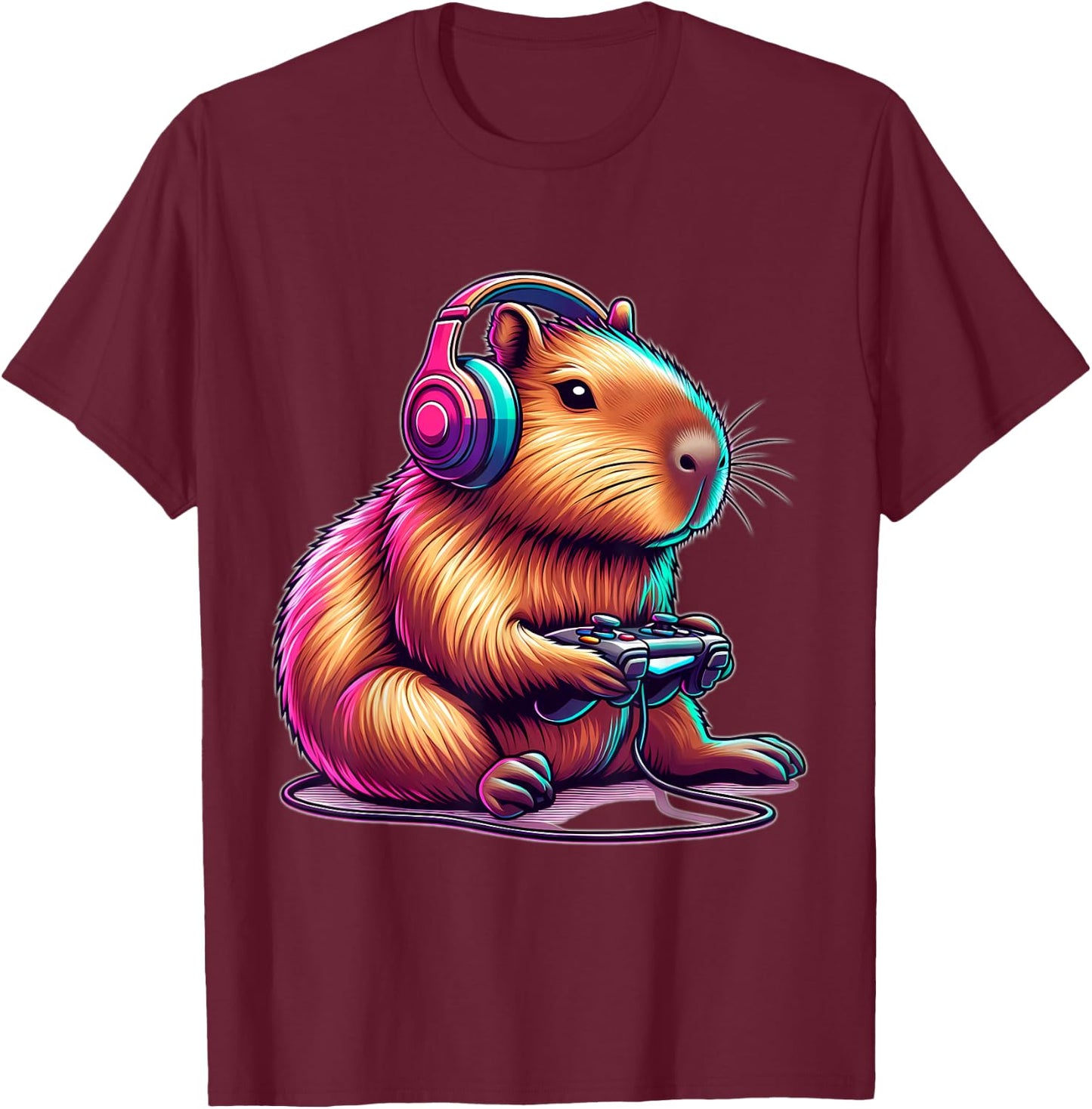 Capybara Gamer, amateur of funny video games , Black, S T-Shirt - T-Shirt | Maroon