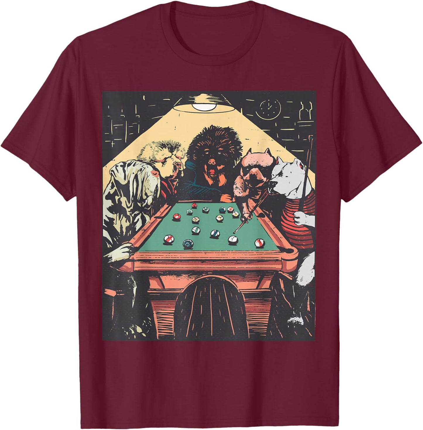 Game Night Time Dogs on Billiards Pool Table Shooting 8 Ball T-Shirt - T-Shirt | Maroon