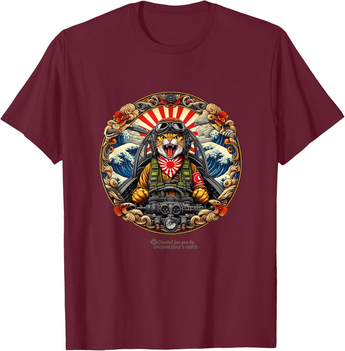 Cat as a Japanese pilot kamikaze cat fighter T-Shirt - T-Shirt | Maroon