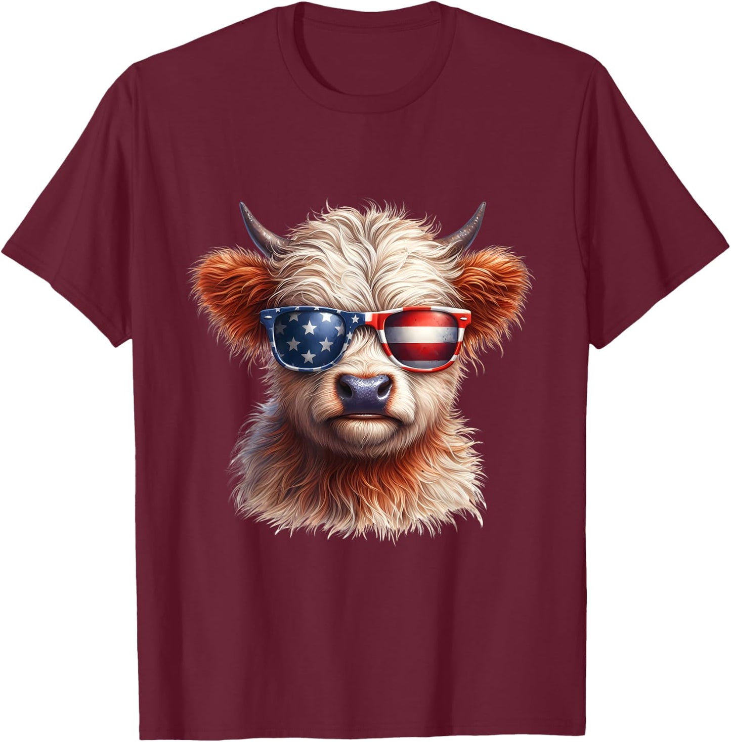 Cute Highland Cow Fourth of July Independence Day USA Kids Men T-Shirt - T-Shirt | Maroon
