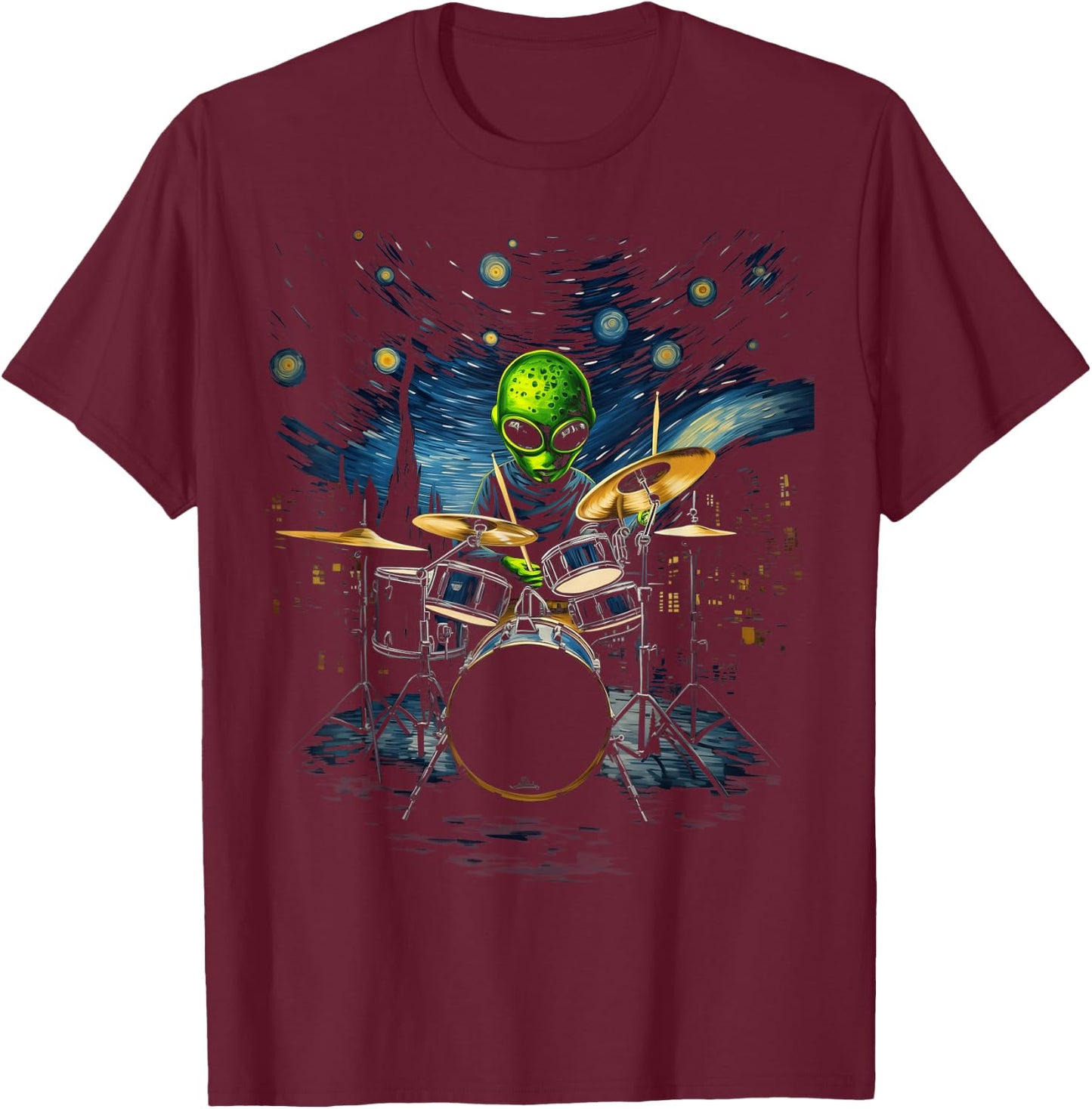 Van Gogh Alien Percussionist Drum Kit Playing Drum , Black, S T-Shirt - T-Shirt | Maroon