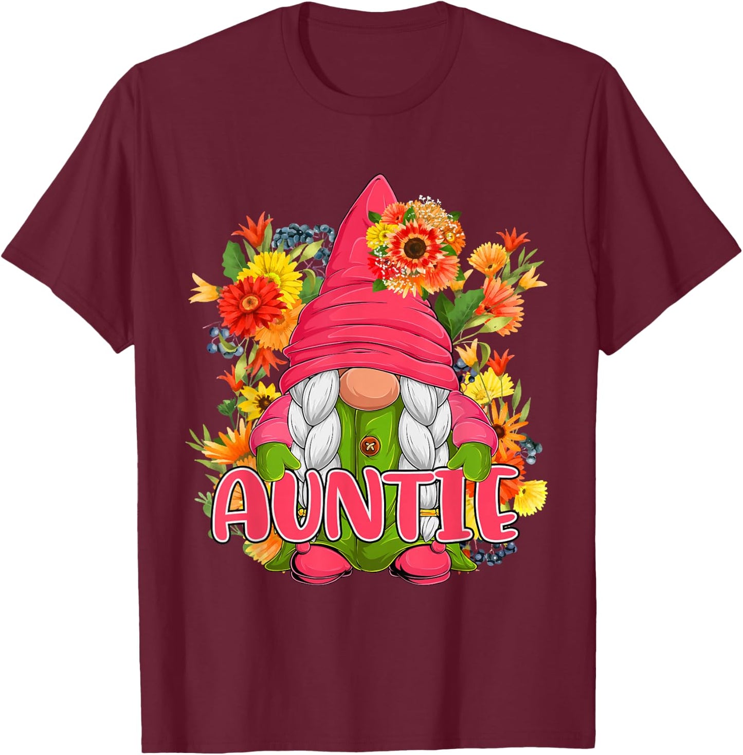 Auntie Cute Floral Flowers Gnome Costume Family Women Lover T-Shirt - T-Shirt | Maroon