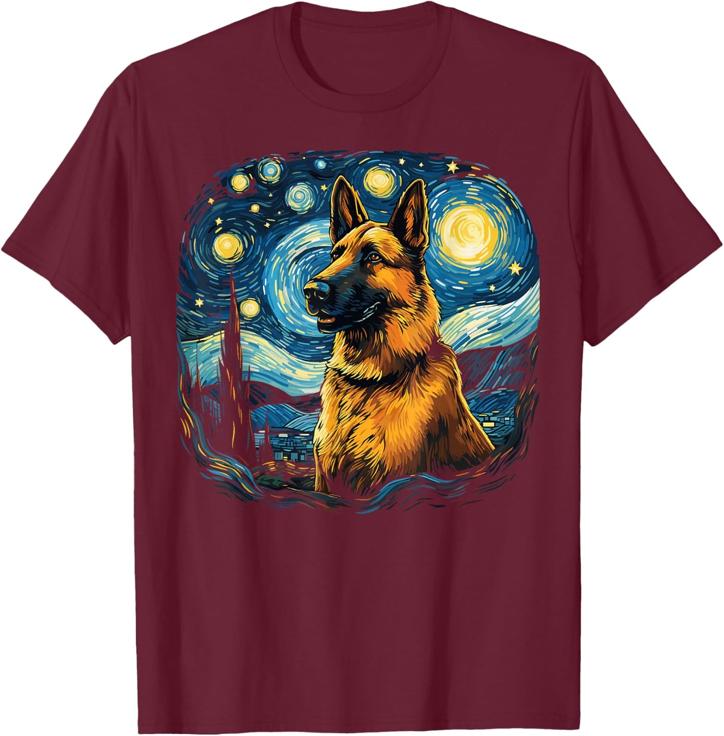 Van Gogh Dog German Shepherd T-Shirt - T-Shirt | Maroon