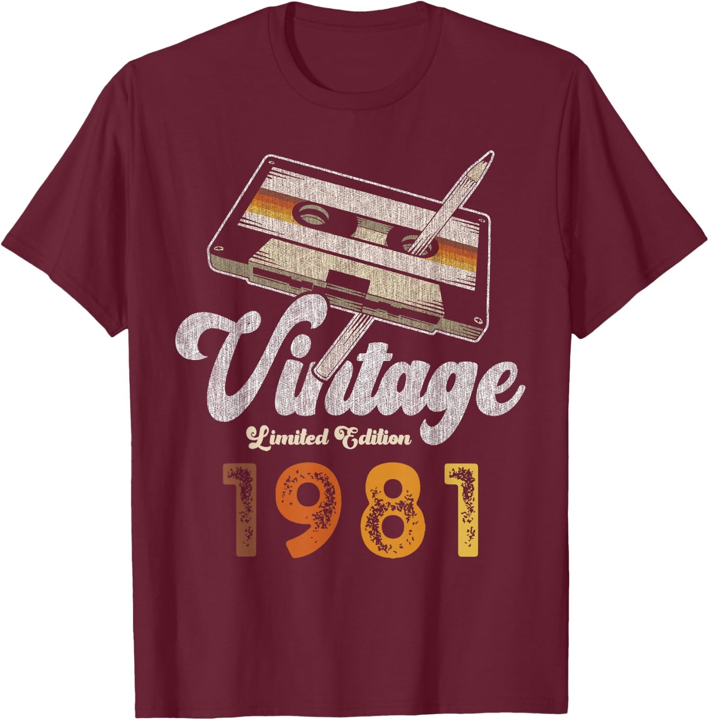 Vintage 1981 Cassette Pencil 45th Birthday T-Shirt - T-Shirt | Maroon