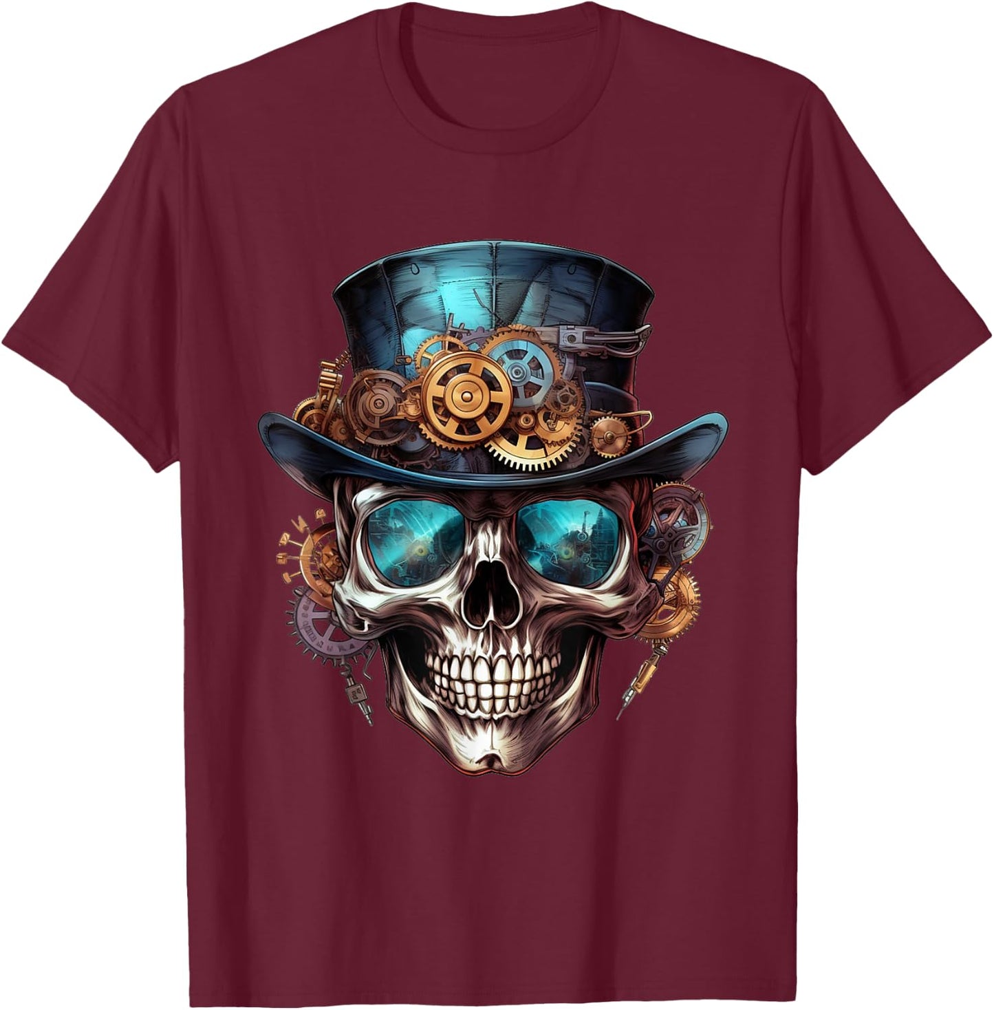 Steampunk Totenkopf Hut Zylinder Mechanik Zahnrad Cyborg T-Shirt - T-Shirt | Maroon