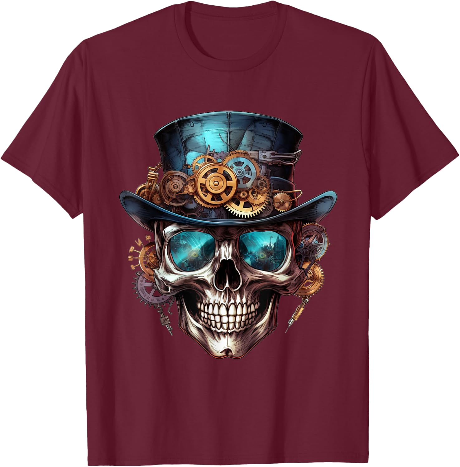 Steampunk Totenkopf Hut Zylinder Mechanik Zahnrad Cyborg T-Shirt - T-Shirt | Maroon