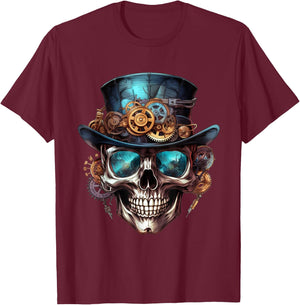 Steampunk Totenkopf Hut Zylinder Mechanik Zahnrad Cyborg T-Shirt - T-Shirt | Maroon