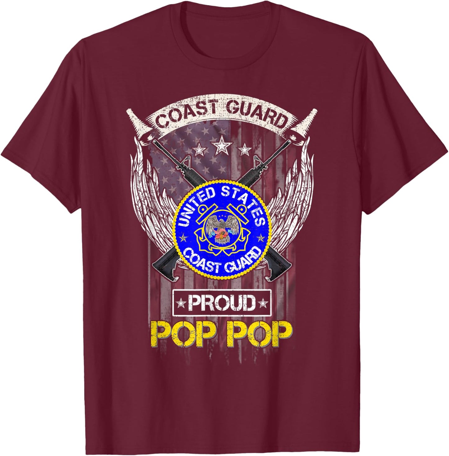 Vintage USA American Flag US Coast Guard Proud Pop Pop Funny Women Men T-Shirt - T-Shirt | Maroon