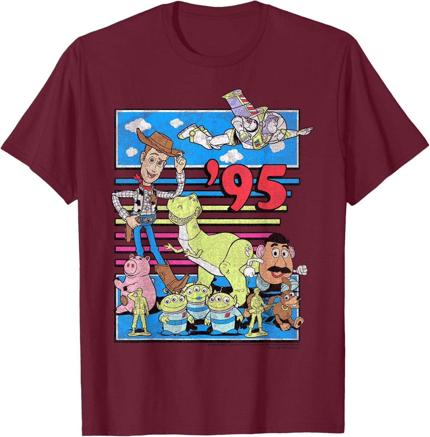 Disney Pixar Toy Story '95 Retro Distressed Colorful Group T-Shirt - T-Shirt | Maroon