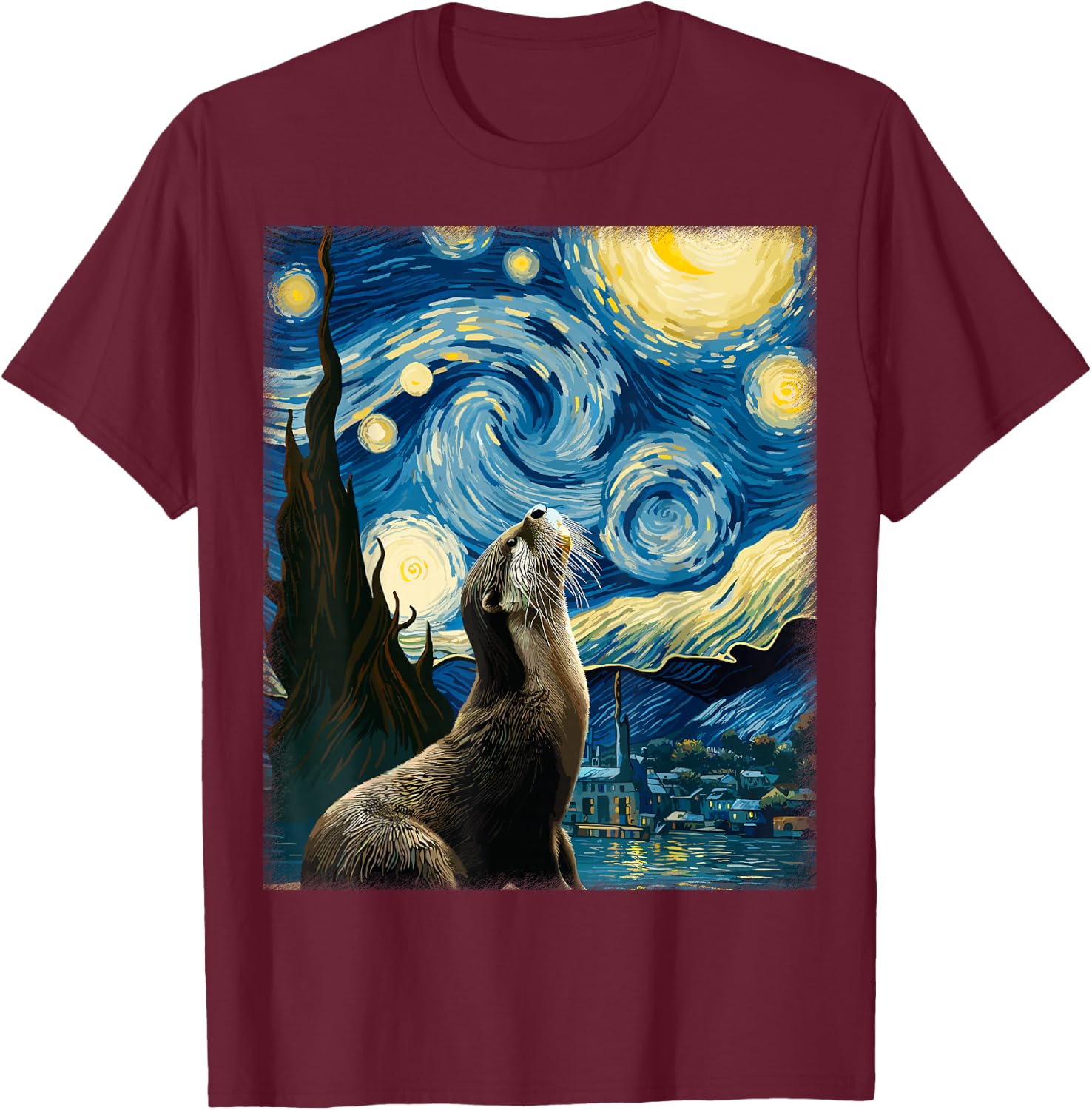 Starry Night Art Van Gogh Animal Surreal Parody Artsy Otter T-Shirt - T-Shirt | Maroon