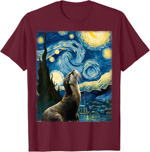 Starry Night Art Van Gogh Animal Surreal Parody Artsy Otter T-Shirt - T-Shirt | Maroon