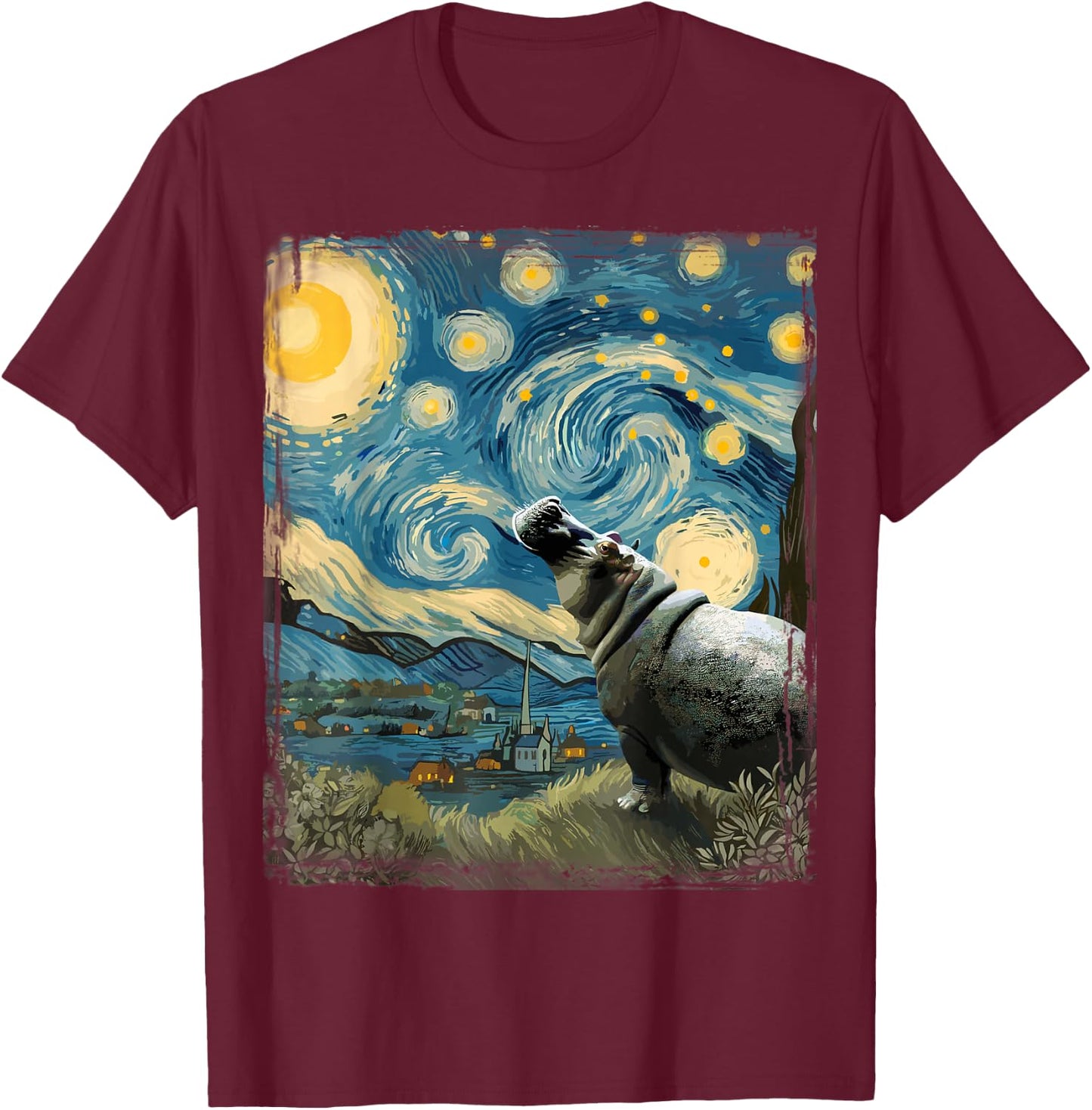 Hippo Starry Night Art Parody Funny Surreal Hippopotamus T-Shirt - T-Shirt | Maroon