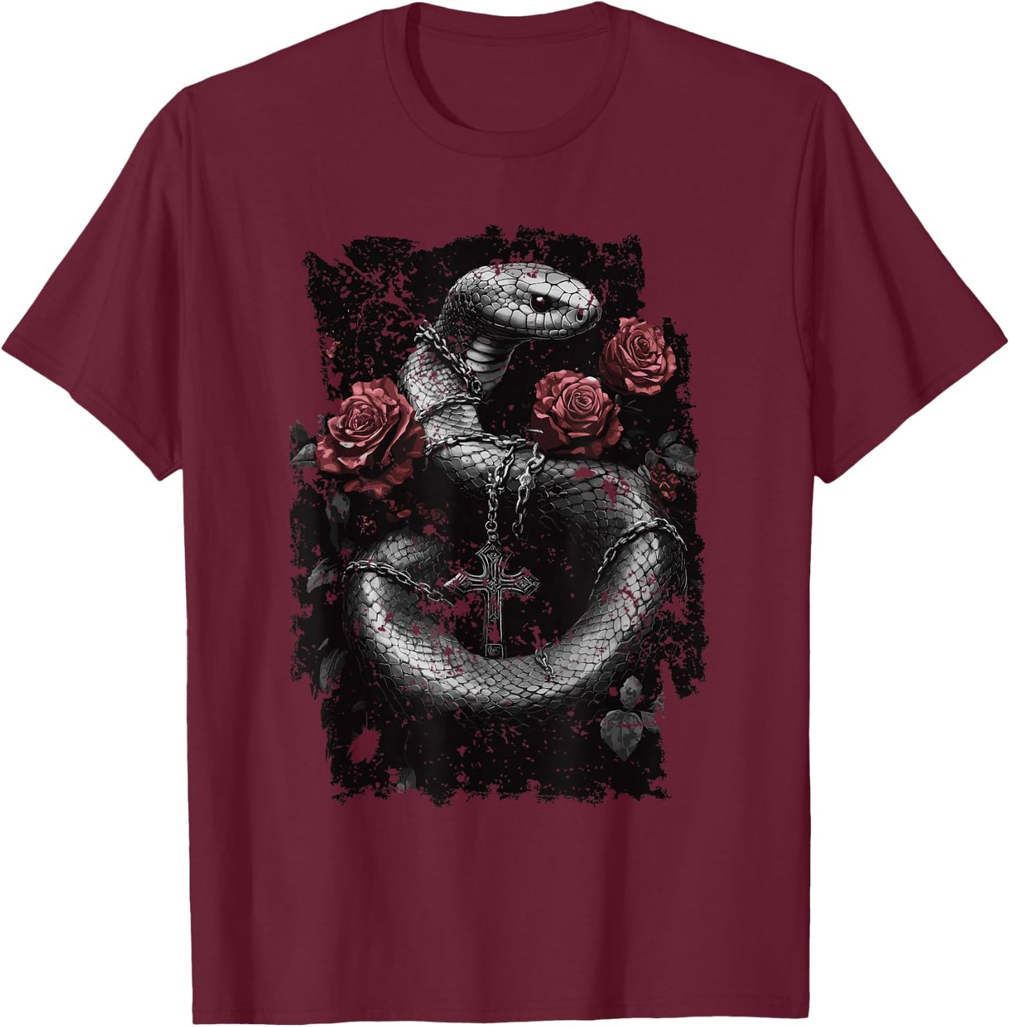 Snake with Roses and Cross - Gothic Snake T-Shirt - T-Shirt | Maroon