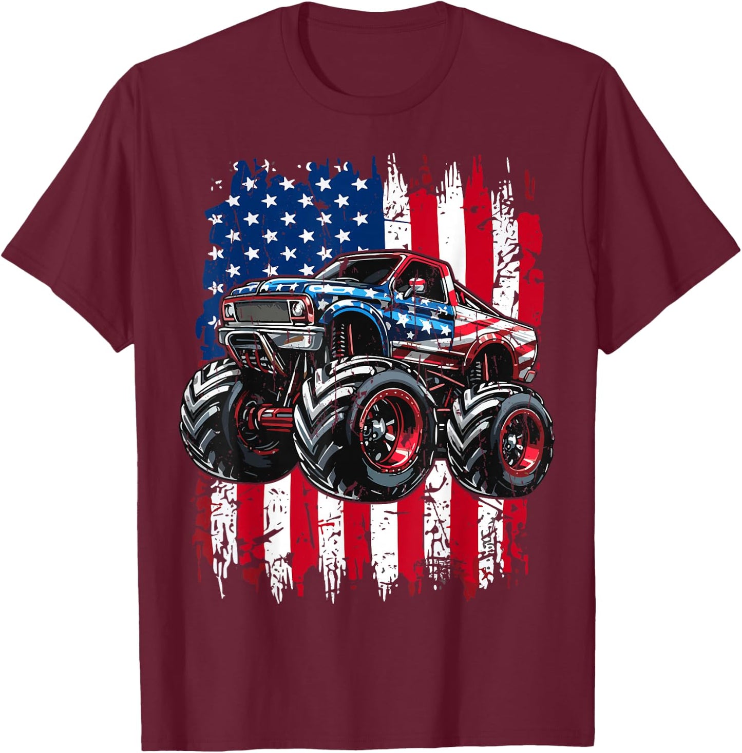 Monster Truck USA Flag American T-Shirt - T-Shirt | Maroon