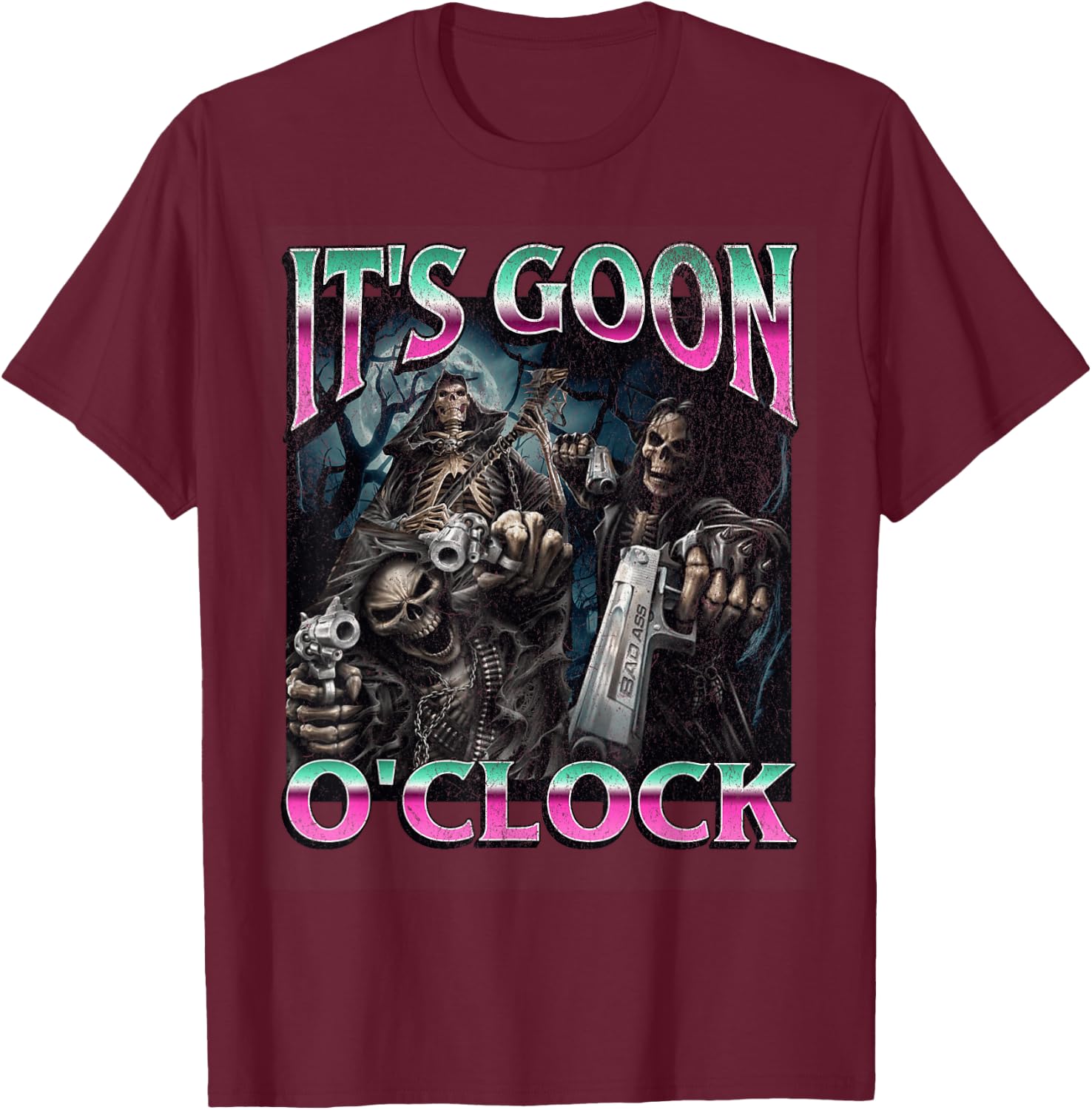 Gooning O'Clock Meme Skeleton Funny T-Shirt - T-Shirt | Maroon
