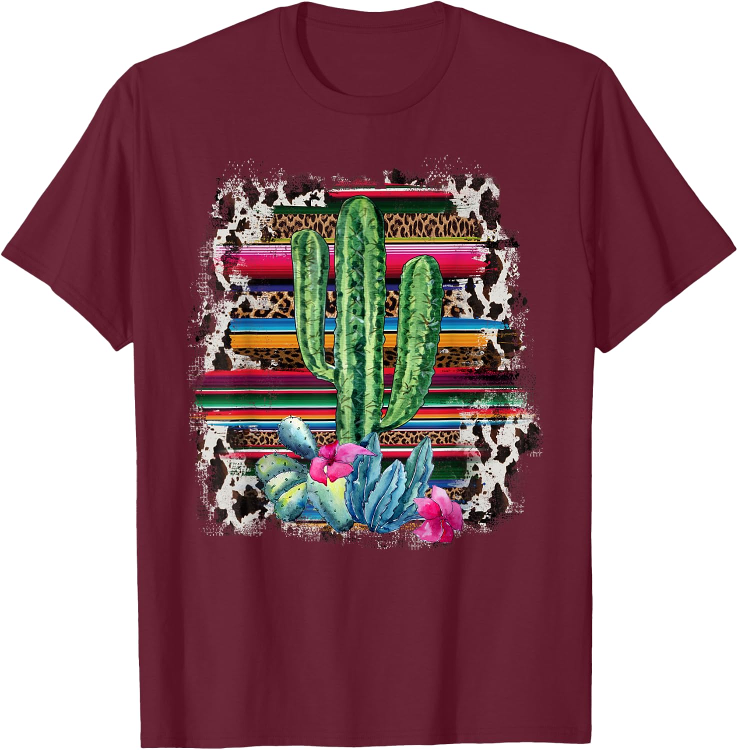 Funny Leopard Cactus Serape Cactus print Turquoise Western T-Shirt - T-Shirt | Maroon