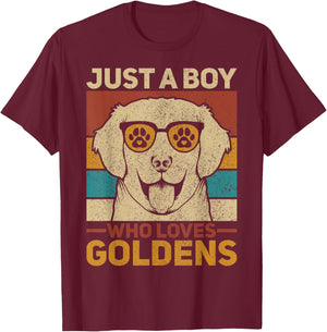 Just A Boy Who Loves Goldens Dog Lover Pet Golden Retriever T-Shirt - T-Shirt | Maroon