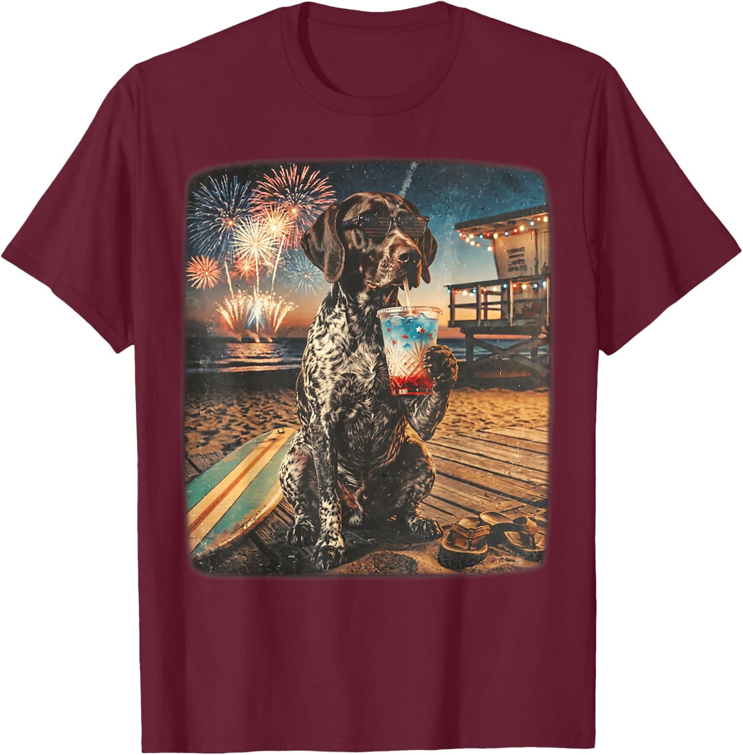 German Shorthaired Pointer Patriotic Beach Fireworks Dog Art T-Shirt - T-Shirt | Maroon