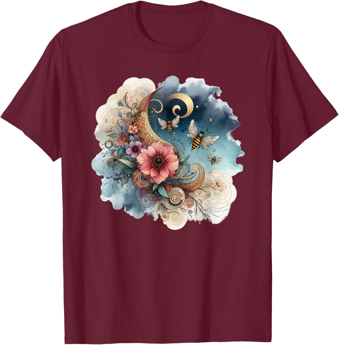Floral Bee Watercolor Botanical Garden Moon Stars Graphic T-Shirt - T-Shirt | Maroon