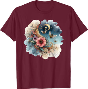 Floral Bee Watercolor Botanical Garden Moon Stars Graphic T-Shirt - T-Shirt | Maroon