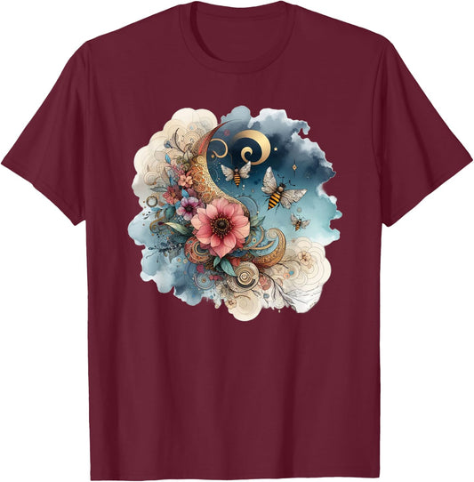 Floral Bee Watercolor Botanical Garden Moon Stars Graphic T-Shirt - T-Shirt | Maroon