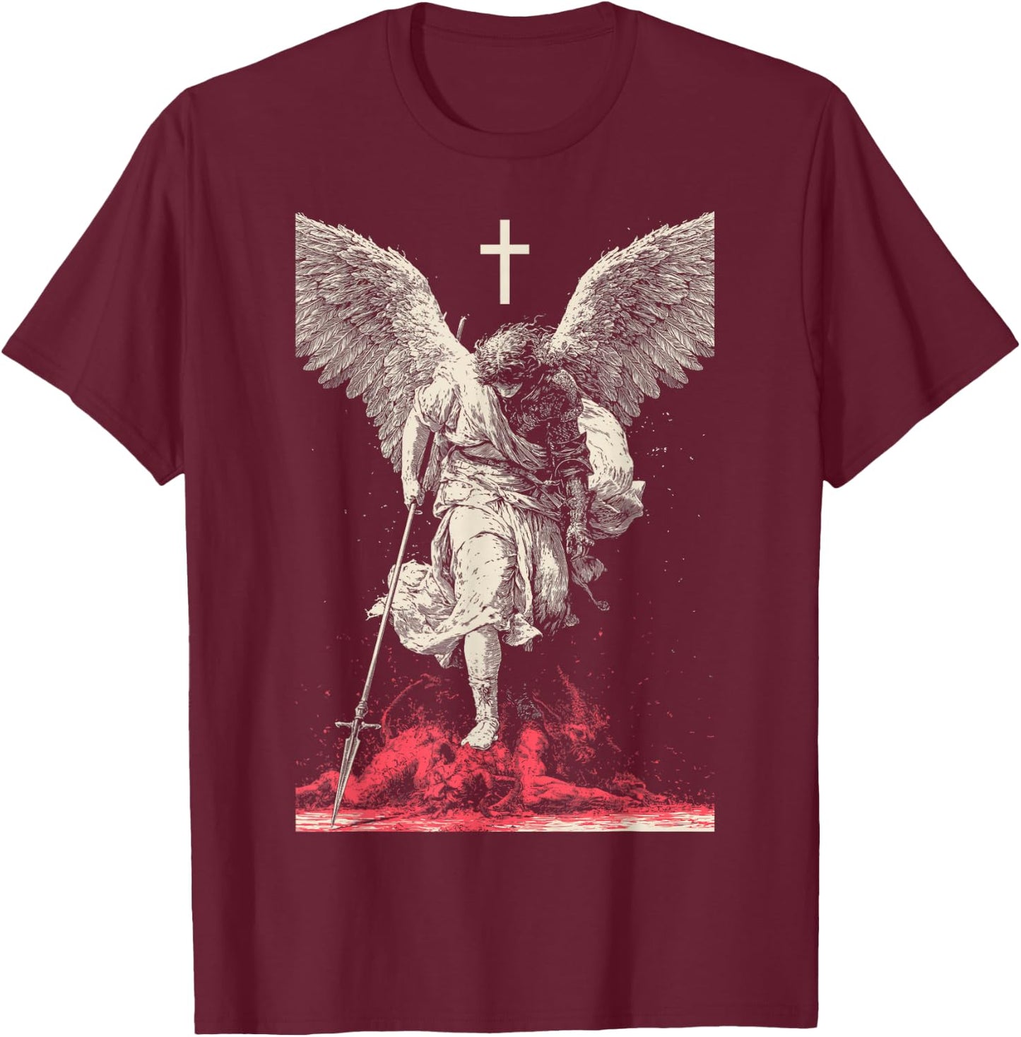 Saint Michael Archangel Urban Streetwear Heavy Metal Y2K T-Shirt - T-Shirt | Maroon