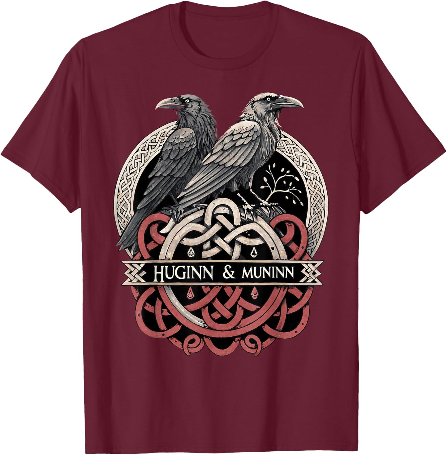 Viking Knotwork - Odin’s Eyes Huginn & Muninn T-Shirt - T-Shirt | Maroon