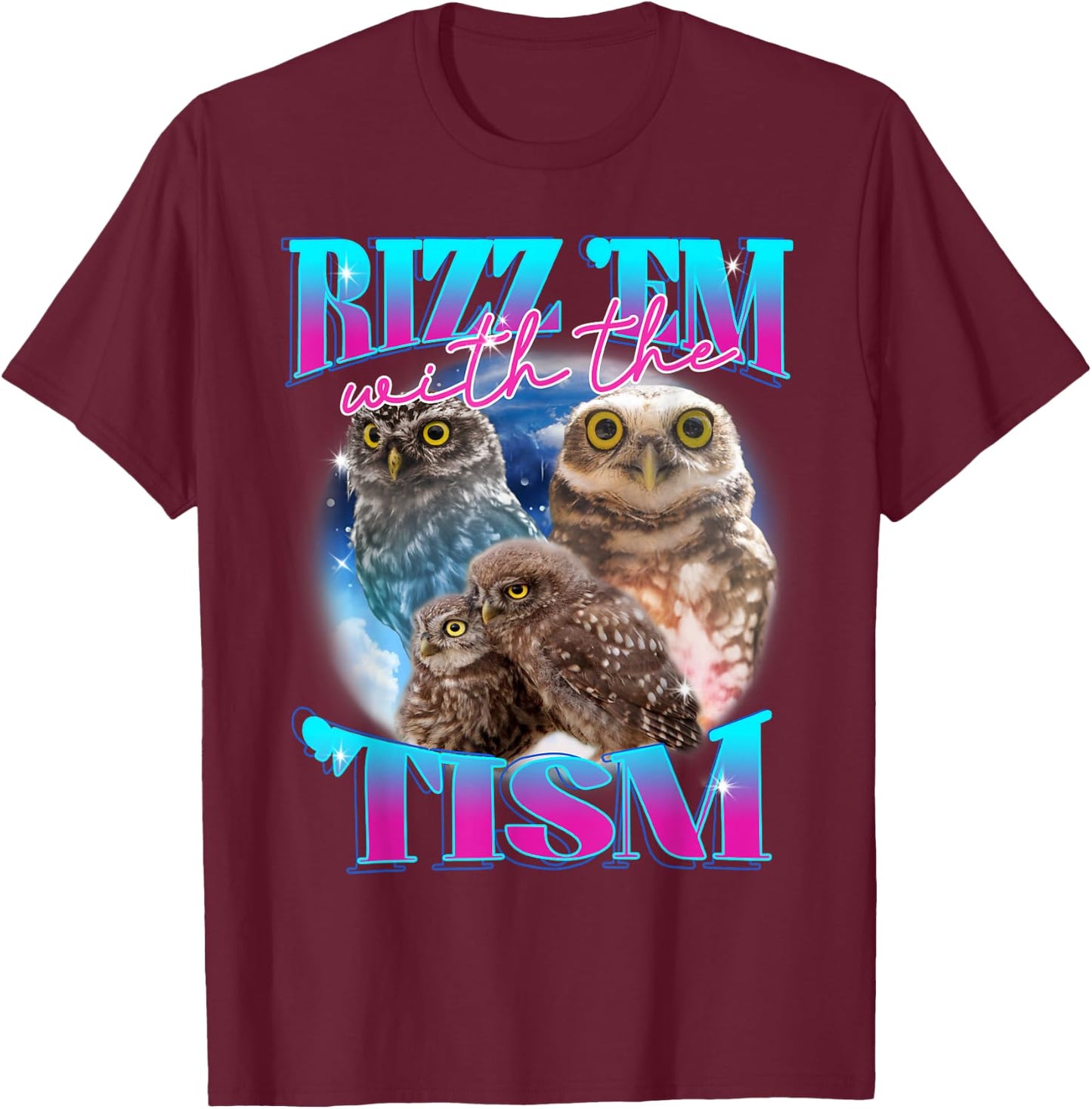 Rizz 'em With The 'tism Autism Awareness Puzzle Funny Owl T-Shirt - T-Shirt | Maroon
