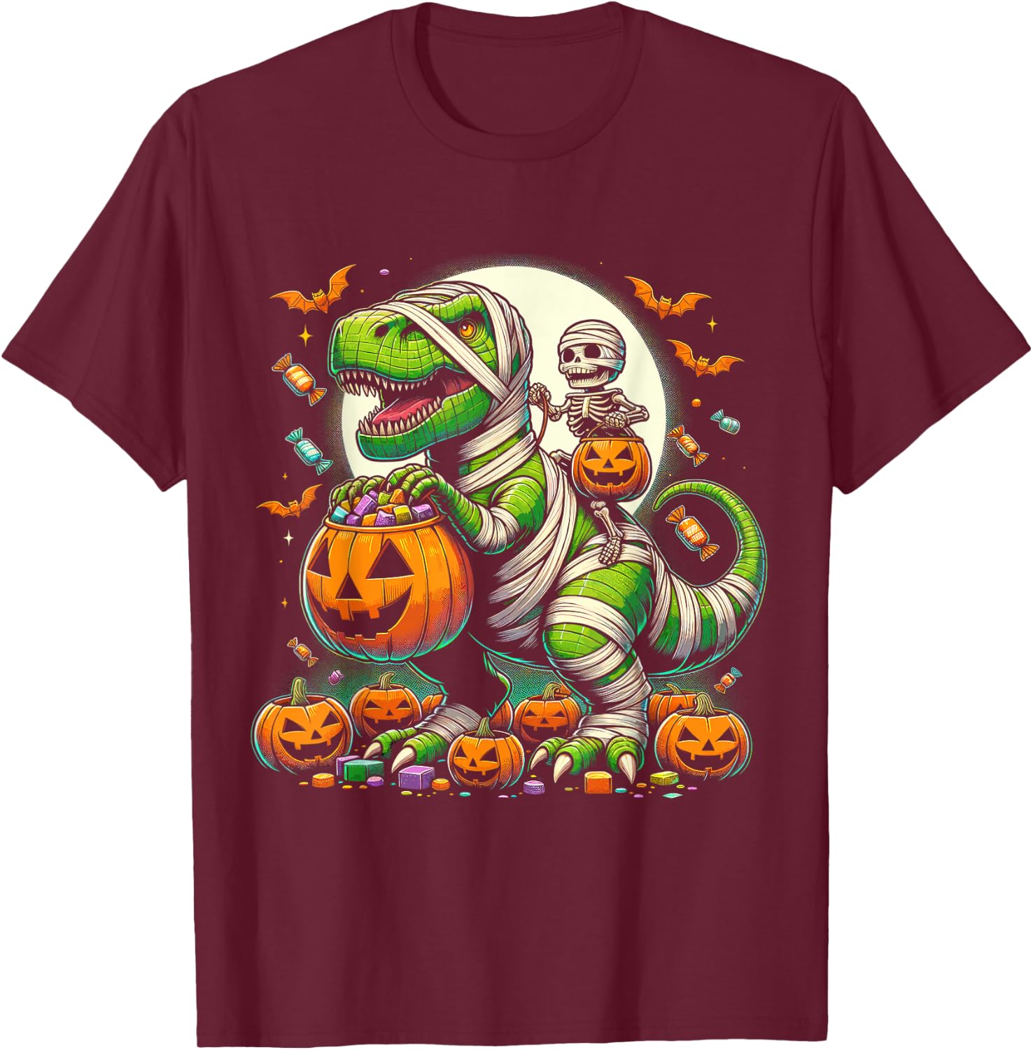 Halloween Funny T Rex Dinosaur Mummy Boys Trick Treat T-Shirt - T-Shirt | Maroon