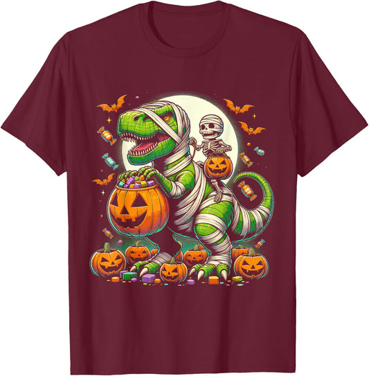 Halloween Funny T Rex Dinosaur Mummy Boys Trick Treat T-Shirt - T-Shirt | Maroon