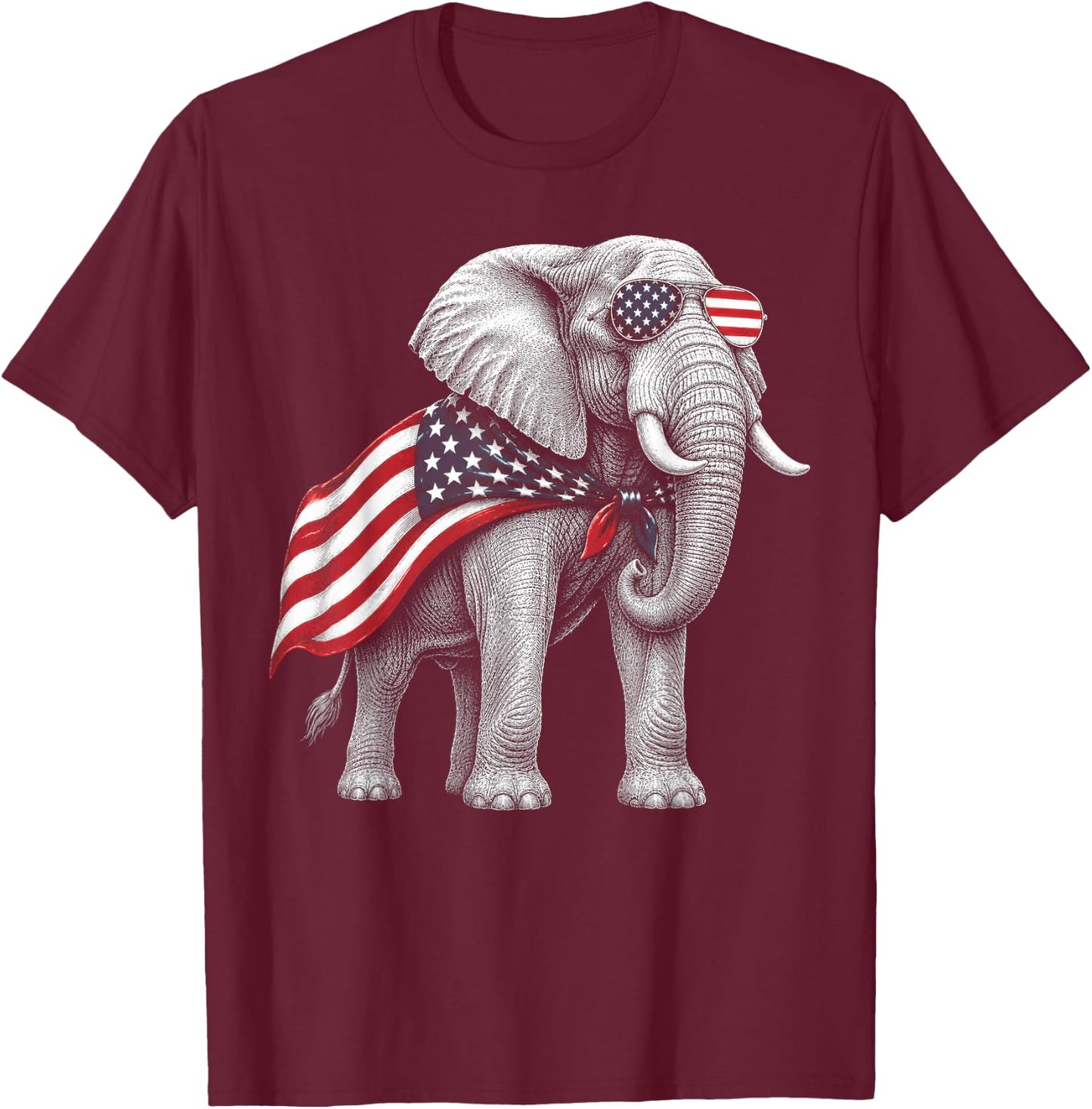 Elephant 4th of July US American Flag Safari Animal T-Shirt - T-Shirt | Maroon