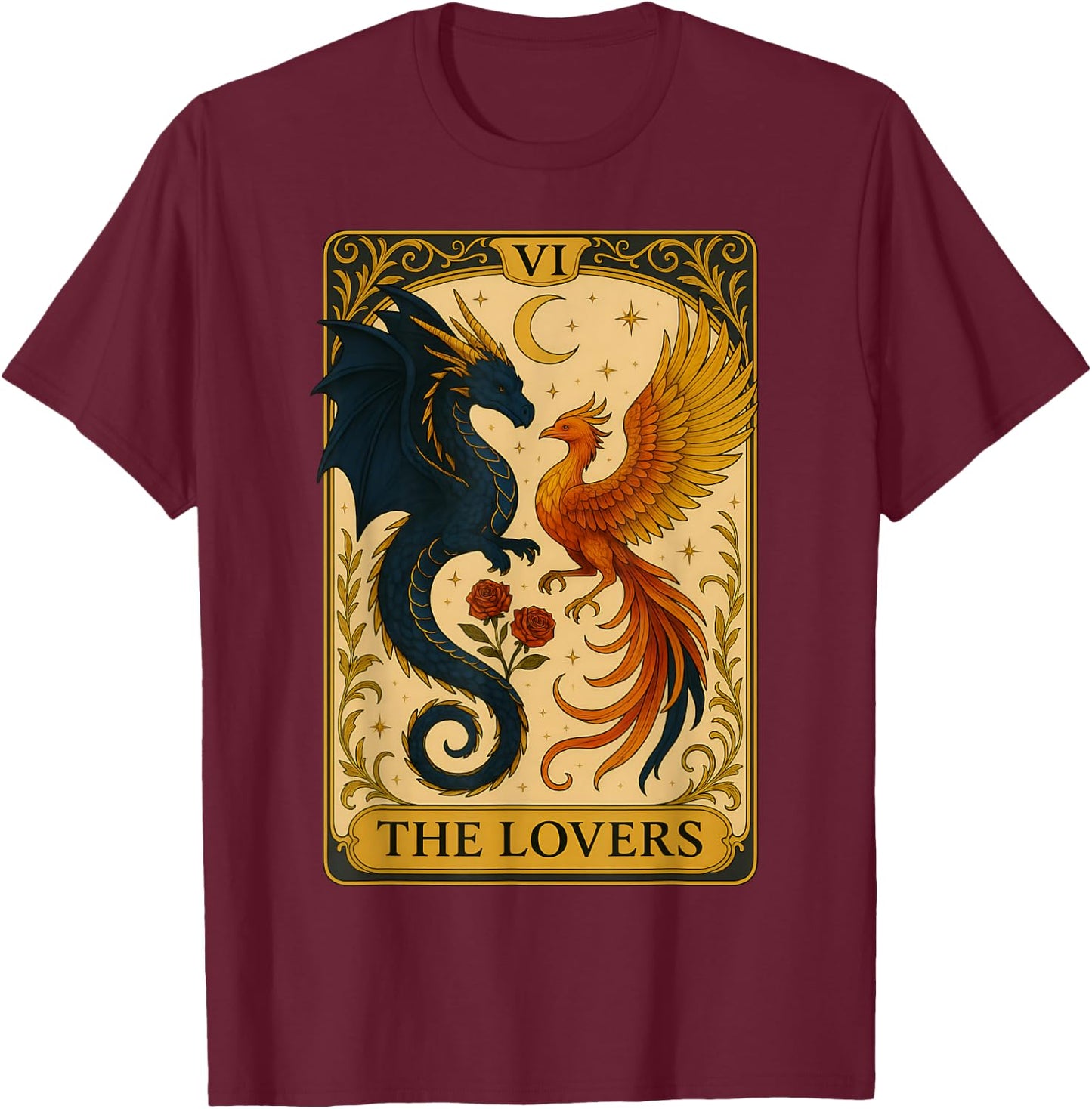 The Lovers Vintage Tarot Card Phoenix Dragon Fantasy Lover T-Shirt - T-Shirt | Maroon