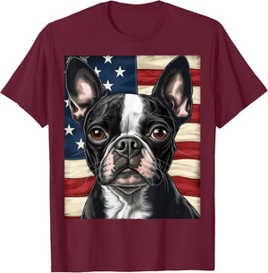 Boston Terrier Dog American Flag 4th of July Patriotic puppy T-Shirt - T-Shirt | Maroon