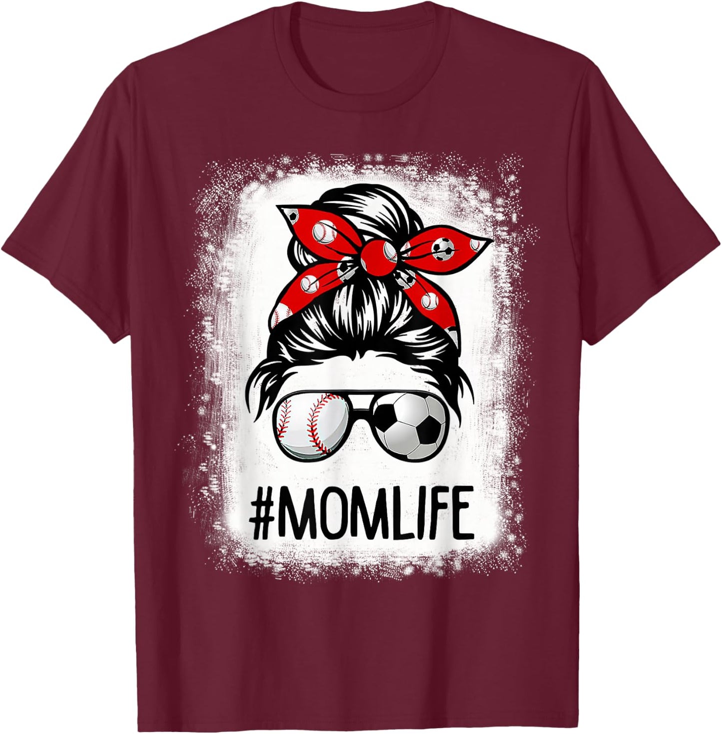 Bleached Mom Life Soccer Messy Bun Baseball Game Day T-Shirt - T-Shirt | Maroon