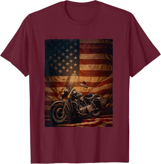 Motorcycle Adventure American Flag Motor Bike T-Shirt - T-Shirt | Maroon